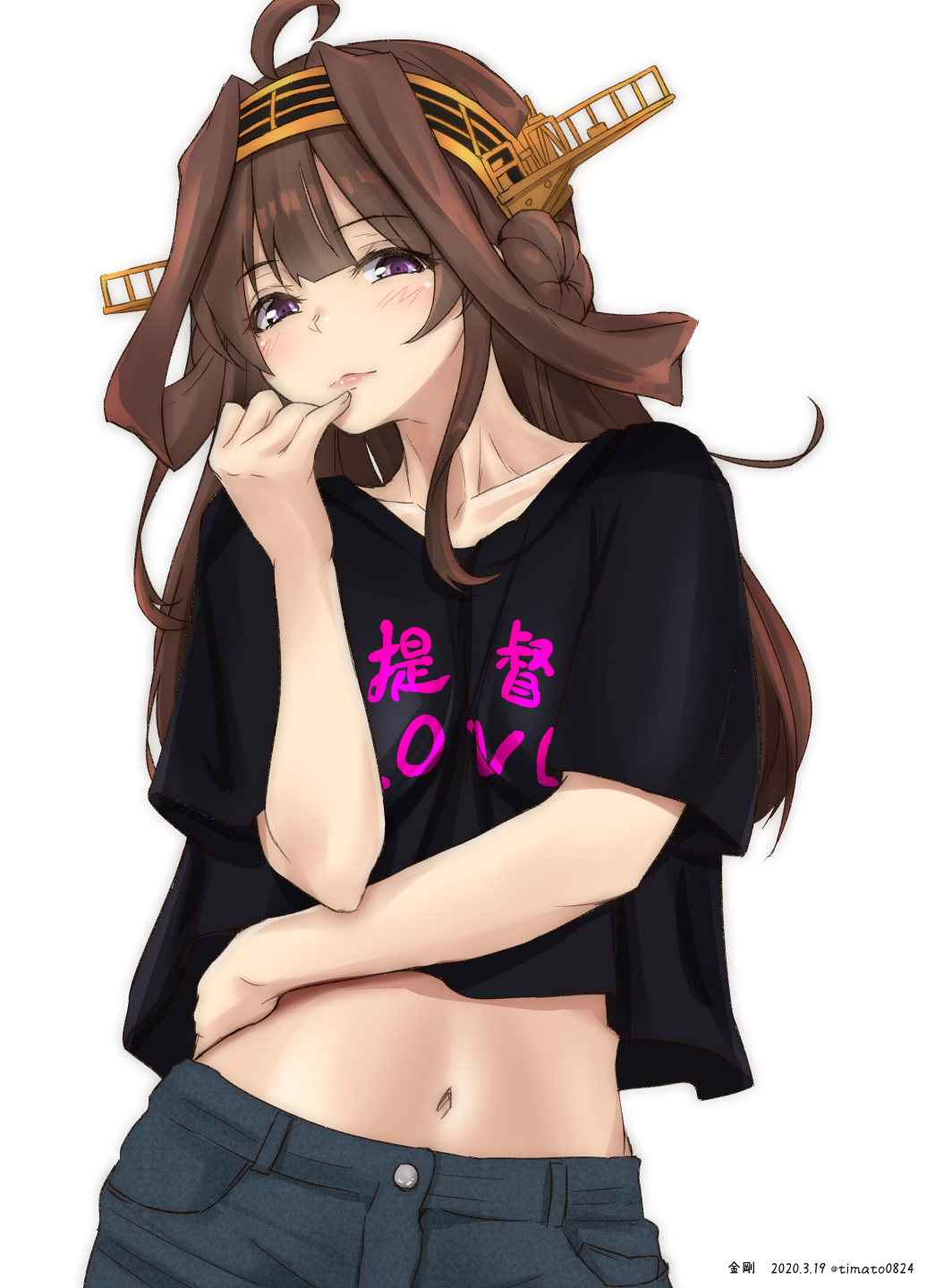 1girl alternate_costume black_pants black_shirt blush breasts brown_hair double_bun hair_ornament hairband headgear highres kantai_collection kongou_(kantai_collection) long_hair looking_at_viewer navel pants shirt simple_background solo timato white_background