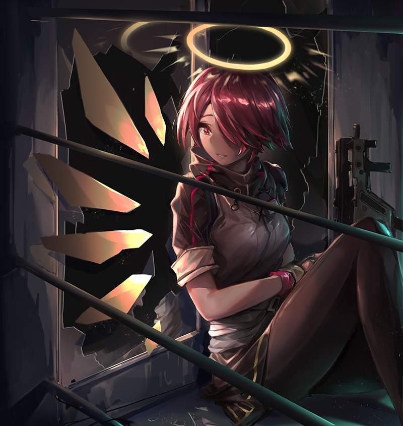 1girl angel_wings arknights black_legwear black_skirt breasts broken_window detached_wings exusiai_(arknights) gloves grin gun hair_over_one_eye halo indoors jacket looking_at_viewer machine_gun medium_breasts miniskirt night pantyhose pleated_skirt red_eyes redhead renze_l short_hair short_sleeves sitting skirt smile solo weapon white_jacket wings wristband