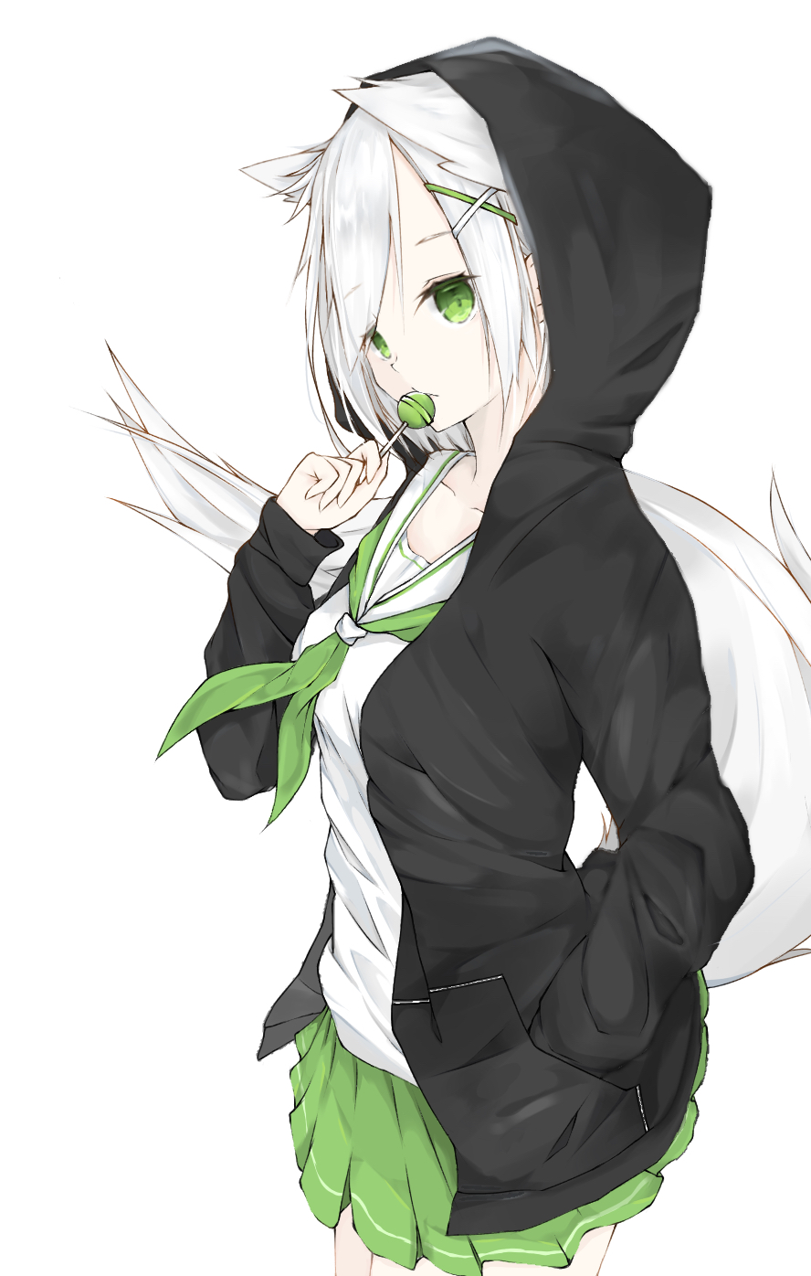 1girl animal_ears black_jacket breasts candy closed_mouth collarbone commentary_request cowboy_shot food fox_ears fox_girl fox_tail green_eyes green_neckwear green_skirt hair_ornament hairclip hand_in_pocket head_tilt highres holding holding_food holding_lollipop hood hood_up hooded_jacket jacket konotuki lollipop long_sleeves neckerchief open_clothes open_jacket original pleated_skirt sailor_collar school_uniform serafuku shirt silver_hair simple_background skirt sleeves_past_wrists small_breasts solo tail tail_raised white_background white_sailor_collar white_shirt x_hair_ornament