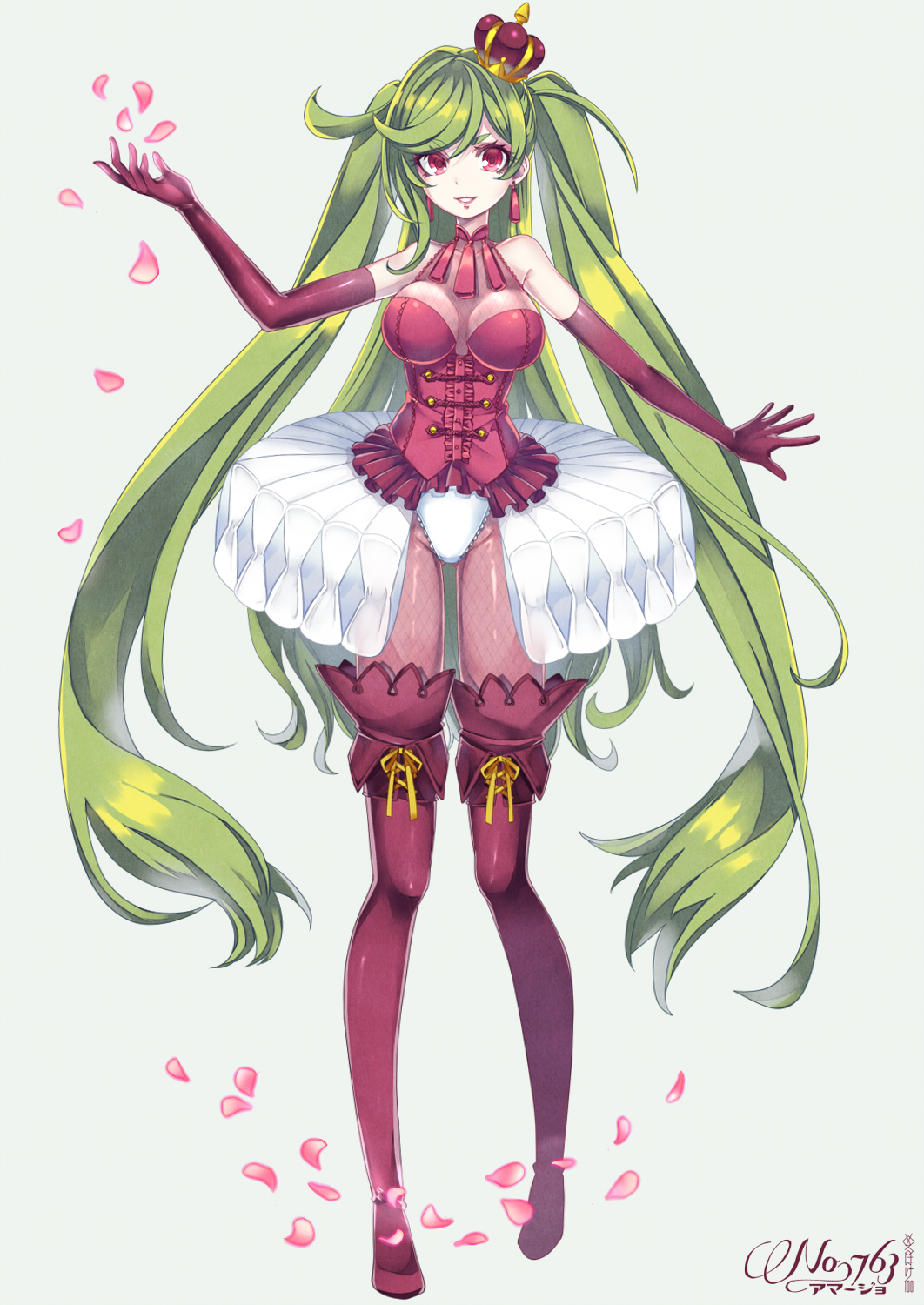 1girl arm_up blush boots breasts cherry_blossoms dress earrings elbow_gloves eyebrows_visible_through_hair full_body gloves green_hair grin highres jewelry large_breasts long_hair looking_at_viewer merlusa parted_lips personification pokemon red_dress red_eyes red_footwear red_gloves smile solo teeth thigh-highs thigh_boots tsareena twintails very_long_hair