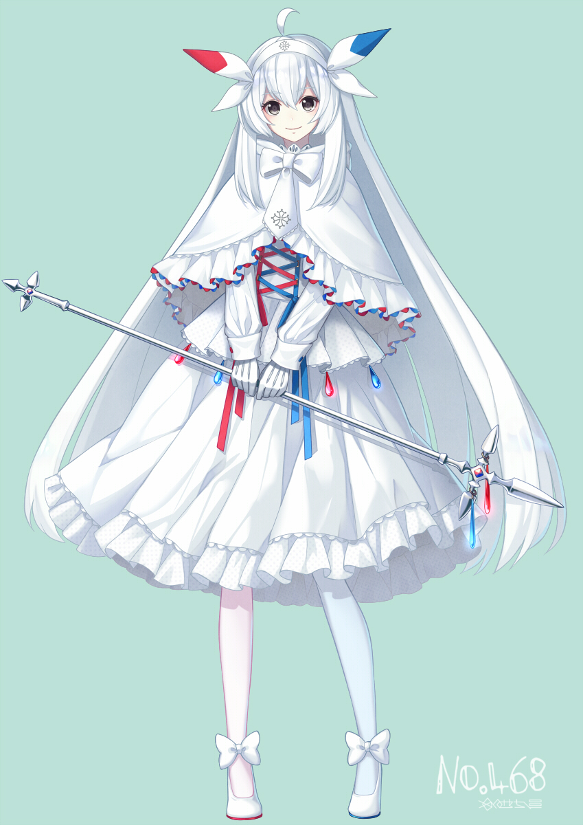 1girl ahoge brown_eyes closed_mouth eyebrows_visible_through_hair full_body gloves highres long_hair long_sleeves looking_at_viewer merlusa pantyhose personification pokemon pokemon_number smile solo togekiss white_footwear white_gloves white_hair white_legwear