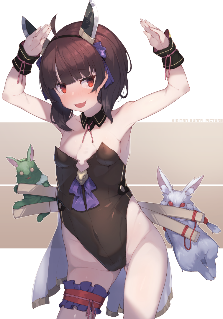 1girl character_name cowboy_shot green_fur hair_ribbon hands_up headgear leotard rabbit red_eyes ribbon scabbard sheath strapless strapless_leotard thigh_strap touhoku_itako touhoku_kiritan touhoku_zunko voiceroid white_fur wrist_cuffs yellow_eyes zoruboi