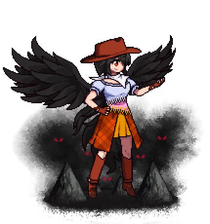 1girl antinomy_of_common_flowers bandana black_hair black_wings blue_shirt boots breasts brown_headwear brown_skirt commentary cowboy_boots cowboy_hat eyes_in_shadow feathered_wings fingerless_gloves floating full_body gloves glowing glowing_eyes hand_on_hip hand_up hat horse_girl horse_tail knee_boots kurokoma_saki lowres official_style one_eye_covered orange_skirt pixel_art puffy_short_sleeves puffy_sleeves red_eyes shadow shirt short_hair short_sleeves skirt smile solo tail the_hammer_(pixiv30862105) touhou transparent_background wings