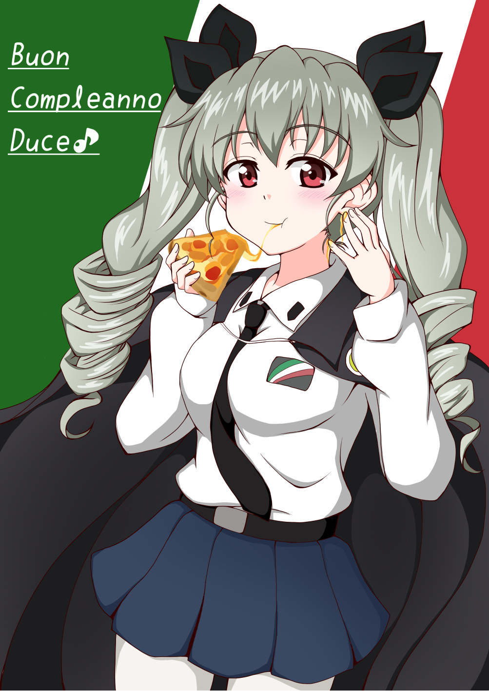 1girl :t anchovy_(girls_und_panzer) anzio_school_uniform bangs belt black_belt black_cape black_neckwear black_ribbon black_skirt cape character_name commentary cowboy_shot dress_shirt drill_hair eating eighth_note emblem eyebrows_visible_through_hair flag_background food food_on_face food_on_finger girls_und_panzer green_hair hair_ribbon happy_birthday highres holding holding_food ikuno_(ramaki4kan) italian_flag italian_text long_hair long_sleeves looking_at_viewer miniskirt musical_note necktie pantyhose pizza pleated_skirt red_eyes ribbon school_uniform shirt skirt solo standing twin_drills twintails white_legwear white_shirt