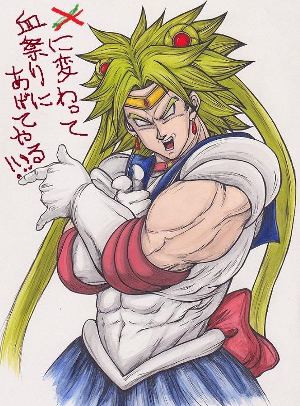 1boy \m/ bishoujo_senshi_sailor_moon blonde_hair broly collar commentary_request cosplay crossdressinging double_bun dragon_ball dragon_ball_z earrings eyebrows forehead_jewel gloves jewelry killian_delbouix legendary_super_saiyan magical_girl muscle no_pupils open_mouth parody pointing pointing_at_viewer pose sailor_moon sailor_moon_(cosplay) sailor_senshi_costume sailor_senshi_uniform simple_background solo spiky_hair super_saiyan tiara traditional_media translation_request tsuki_ni_kawatte_oshioki_yo twintails what white_background