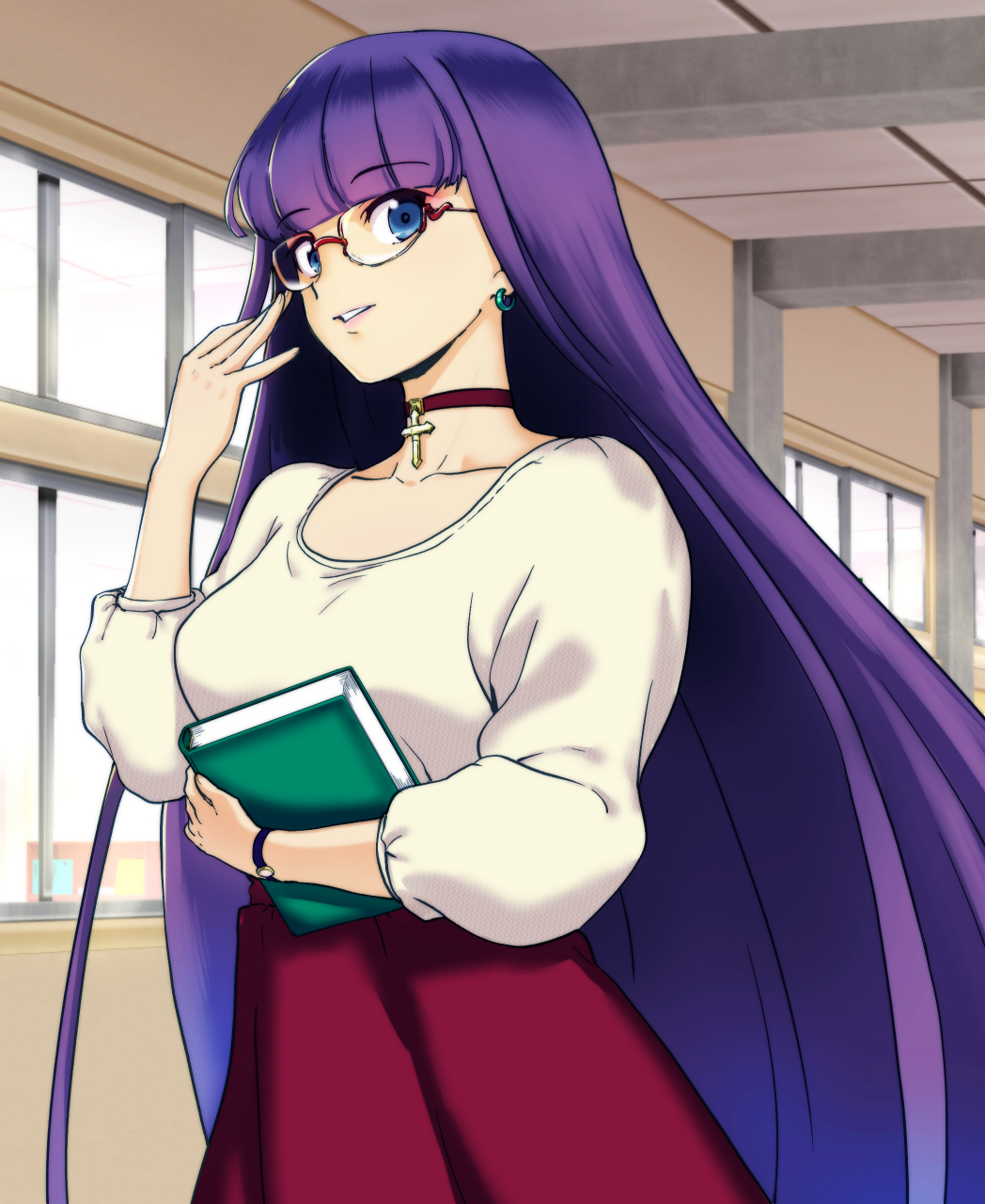 1girl adjusting_eyewear aoba_(smartbeat) bespectacled blue_earrings blue_eyes book breasts casual choker collarbone contemporary cross earrings fate/grand_order fate_(series) glasses hallway highres holding holding_book indoors jewelry large_breasts lipstick long_hair looking_at_viewer makeup pink_lipstick purple_hair red_choker red_skirt rimless_eyewear saint_martha shirt skirt solo very_long_hair watch watch white_shirt windows