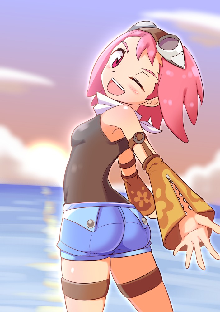 1girl ;d aero ass blush breasts clouds cougar1404 cowboy_shot detached_sleeves dusk goggles goggles_on_head looking_at_viewer looking_back medium_hair ocean one_eye_closed open_mouth pink_hair red_eyes rockman rockman_dash rockman_dash_3 scarf short_shorts shorts small_breasts smile solo sunset