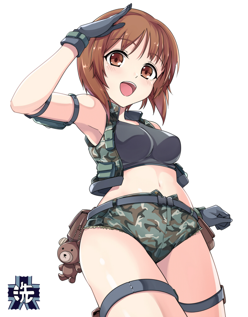 1girl :d arm_strap bangs belt black_belt black_gloves black_sports_bra breasts brown_eyes brown_hair camouflage camouflage_jacket camouflage_shorts commentary cowboy_shot emblem eyebrows_visible_through_hair girls_und_panzer gloves green_jacket green_shorts jacket kasai_shin looking_at_viewer medium_breasts micro_shorts midriff navel nishizumi_miho ooarai_(emblem) open_mouth pouch salute short_hair shorts simple_background sleeveless sleeveless_jacket smile solo standing stuffed_animal stuffed_toy teddy_bear thigh_strap white_background