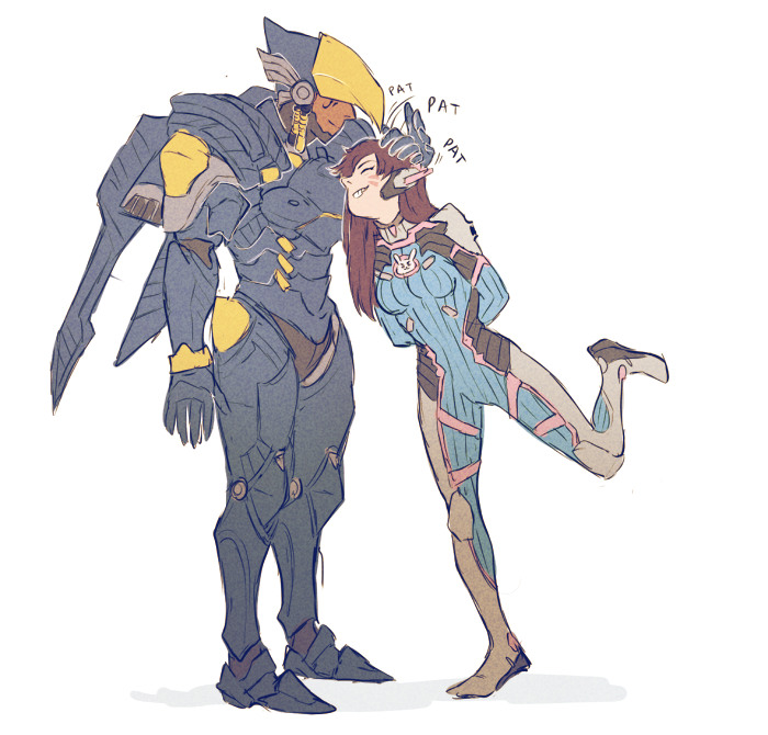 2girls bodysuit brown_hair closed_eyes commentary d.va_(overwatch) dark_skin english_commentary eye_of_horus facial_tattoo full_body grin hand_on_another's_head happy headphones height_difference helmet jetpack leg_lift long_hair multiple_girls overwatch papabay petting pharah_(overwatch) pilot_suit power_armor ribbed_bodysuit shoulder_pads smile standing standing_on_one_leg tattoo whisker_markings wireless