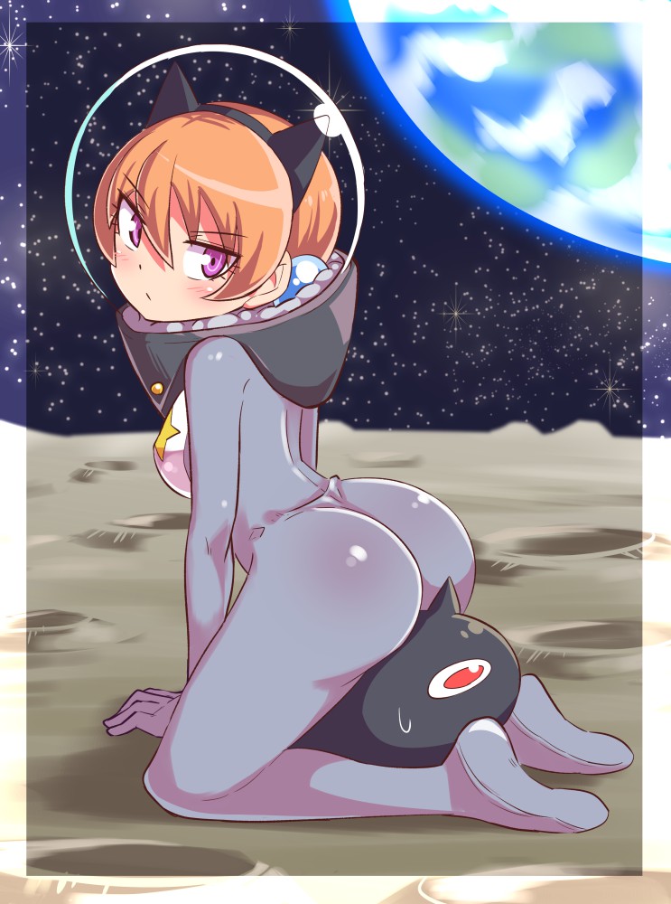 1girl alisa_southerncross animal_ears ass blush bodysuit breasts cat_ears closed_mouth commentary cougar1404 earth hair_ornament keroro_gunsou long_hair looking_at_viewer moon orange_hair space twintails