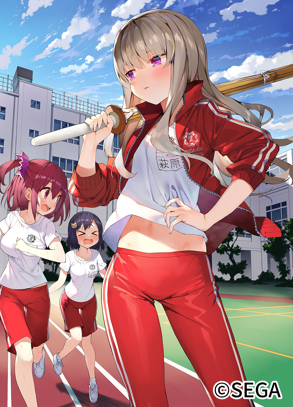 &gt;_&lt; :d blue_sky blush bokken character_request chunithm clothes_writing contrapposto day grey_hair hair_ornament hand_on_hip hand_up highres holding jacket long_hair matsui_hiroaki midriff navel official_art one_side_up open_clothes open_jacket open_mouth outdoors over_shoulder pants parted_lips purple_hair red_eyes red_jacket red_pants red_shorts redhead running school shirt shoes shorts sky smile standing sword track_and_field track_jacket track_pants track_suit violet_eyes watermark weapon weapon_over_shoulder white_footwear white_shirt wooden_sword