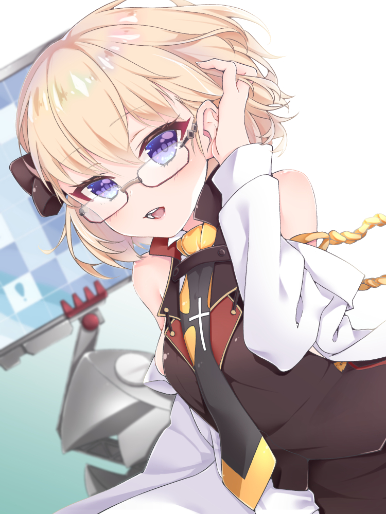 1girl azur_lane bangs bare_shoulders black_bow black_neckwear blonde_hair blurry blurry_background blush bow brown_shirt brown_skirt commentary_request depth_of_field dutch_angle eyebrows_visible_through_hair glasses hair_between_eyes hair_bow hand_in_hair hand_up jacket long_sleeves looking_at_viewer necktie open_clothes open_jacket open_mouth shirt shiruko27anko skirt sleeveless sleeveless_shirt solo upper_teeth violet_eyes white_jacket z23_(azur_lane) z23_(teacher_of_philosophy)_(azur_lane)