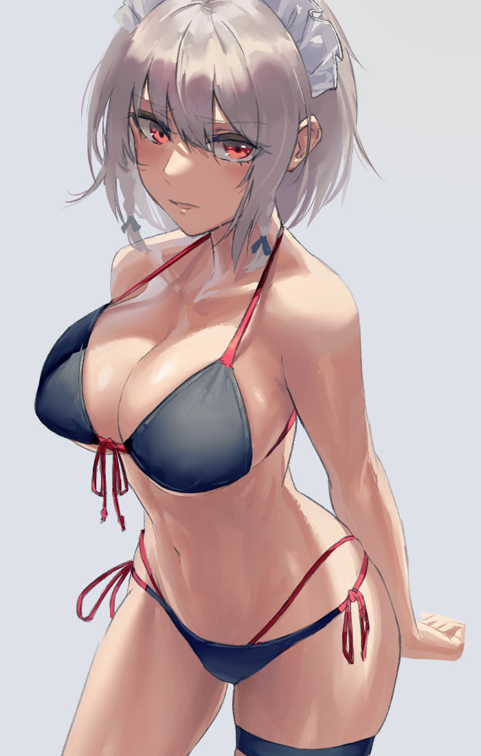 1girl arm_behind_back bangs bare_arms bare_shoulders bikini bow braid breasts collarbone cowboy_shot eit_(ikeuchi) eyebrows_visible_through_hair front-tie_bikini front-tie_top grey_background hair_between_eyes hair_bow izayoi_sakuya large_breasts layered_bikini maid_headdress navel parted_lips red_eyes shiny shiny_hair short_hair side-tie_bikini sidelocks silver_hair simple_background solo stomach strap_gap swimsuit thigh_strap thighs touhou twin_braids