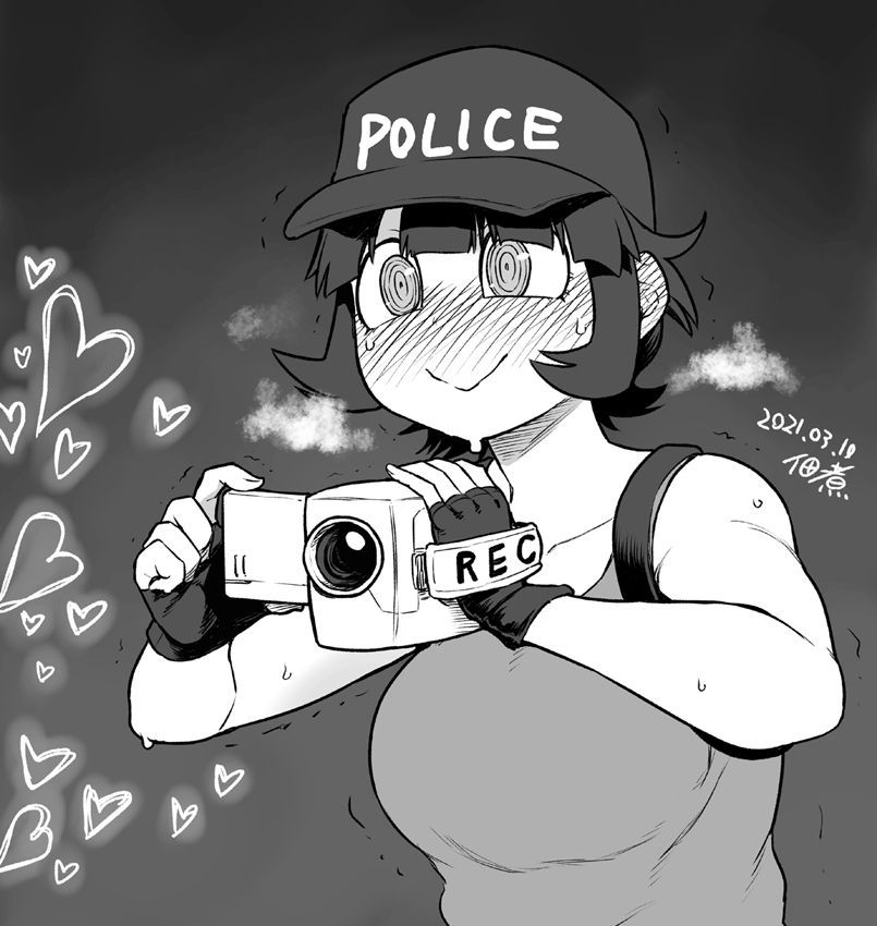 1girl :&gt; azazel_(helltaker) blush breasts camera female_pervert filming fingerless_gloves full-face_blush gloves hat heart helltaker holding holding_camera large_breasts monochrome out-of-frame_censoring pervert police_hat ringed_eyes sidelocks solo tank_top trembling tsukudani_(coke-buta) video_camera