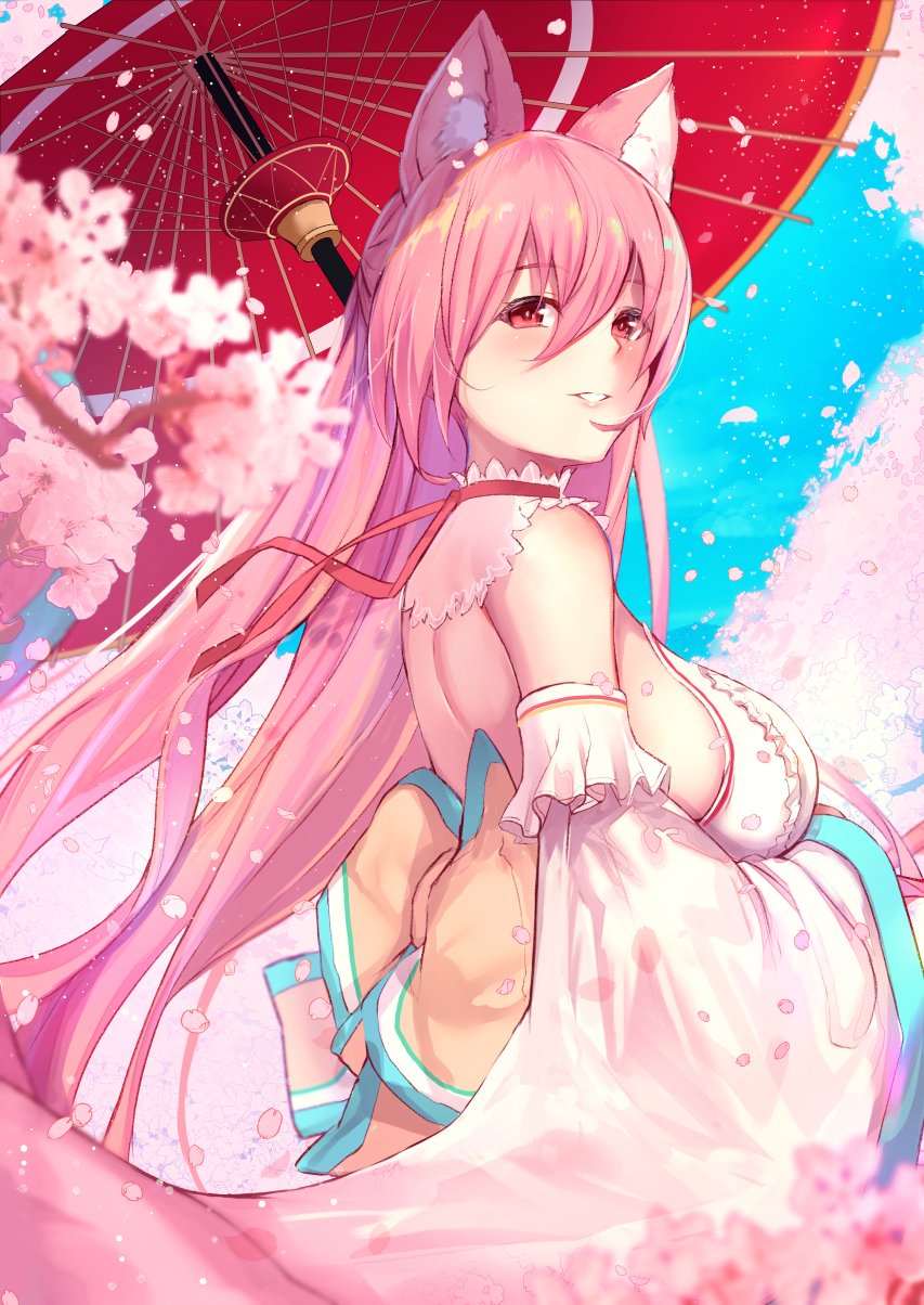 animal_ear_fluff animal_ears backless_outfit bangs breasts character_request cherry_blossoms copyright_request detached_sleeves fox_ears fox_girl highres large_breasts long_hair long_sleeves parasol parted_lips pink_hair red_eyes smile umbrella untsue very_long_hair wide_sleeves