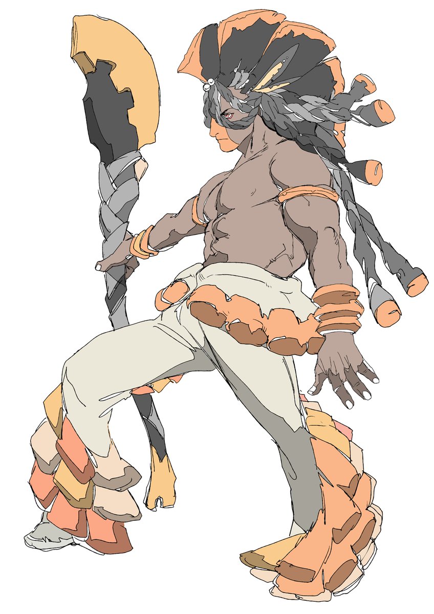 1boy armlet bakushi_(smys2017) black_hair braid dark_skin dark_skinned_male facepaint full_body highres long_hair mohawk mudsdale orange_eyes pants personification pokemon shirtless simple_background sketch solo staff standing white_background white_pants wristband