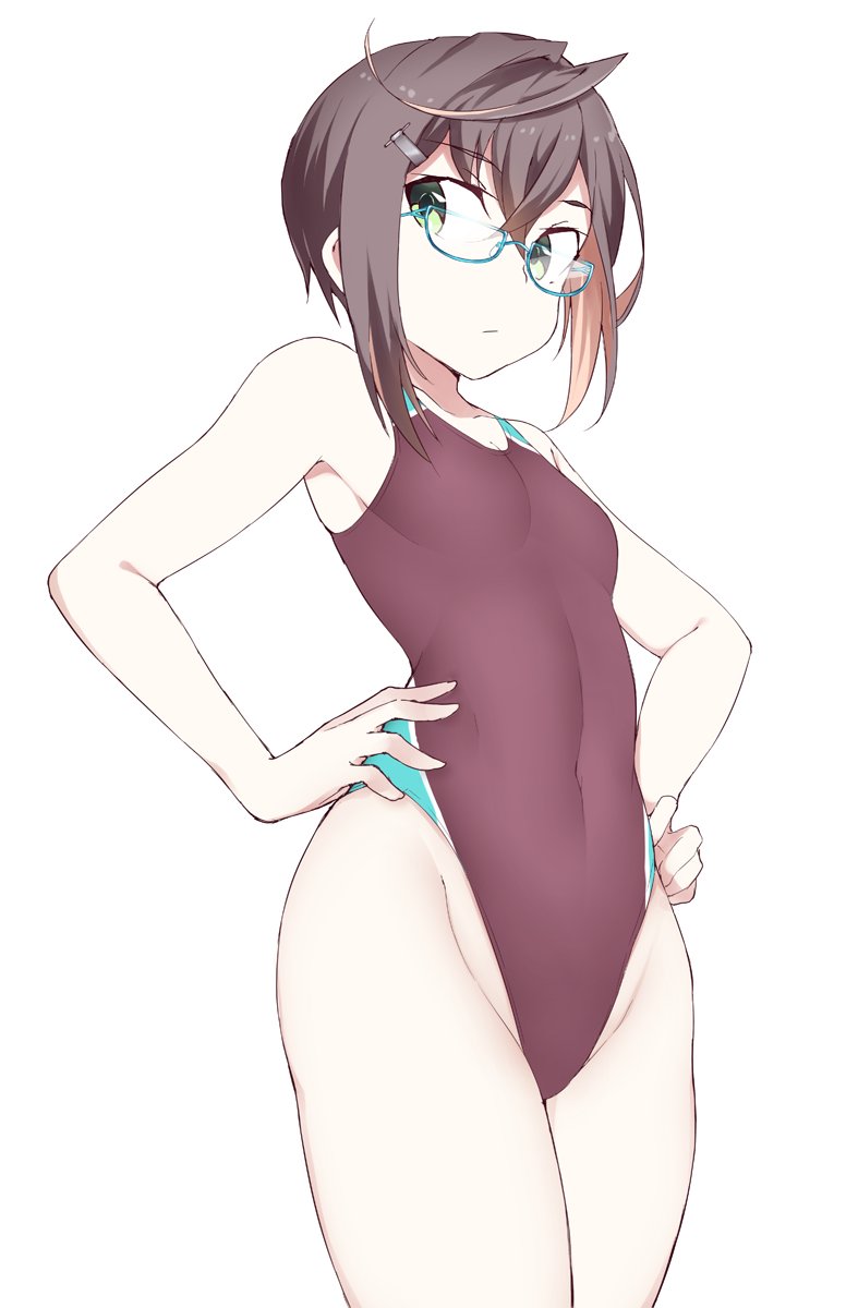 1girl bare_arms blue-framed_eyewear breasts brown_hair brown_swimsuit collarbone commentary_request competition_swimsuit cowboy_shot eyebrows_visible_through_hair glasses green_eyes hair_between_eyes hands_on_hips highleg highleg_swimsuit highres kantai_collection multicolored_hair okinami_(kantai_collection) one-piece_swimsuit pink_hair purple_swimsuit short_hair simple_background small_breasts solo souji swimsuit white_background