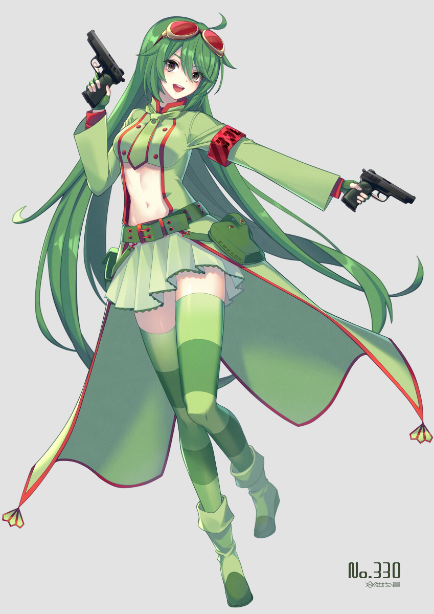 1girl blush boots breasts dual_wielding eyebrows_visible_through_hair fingerless_gloves flygon full_body gloves green_eyes green_footwear green_gloves green_hair green_legwear gun handgun highres holding holding_gun holding_weapon large_breasts long_hair long_sleeves looking_at_viewer merlusa navel necktie open_mouth personification pistol pokemon pokemon_number smile solo striped striped_legwear upper_teeth very_long_hair weapon