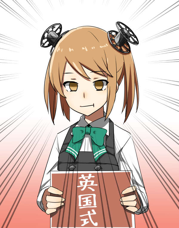 1girl :t commentary_request dress emphasis_lines gradient gradient_background green_ribbon kantai_collection light_brown_eyes light_brown_hair michishio_(kantai_collection) neck_ribbon pinafore_dress ribbon short_twintails sign solo translation_request twintails yohei_(pizzadev)