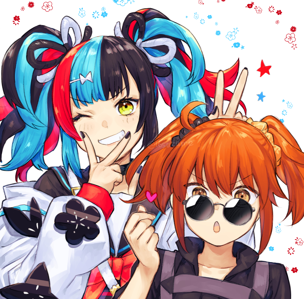 2girls ahoge alternate_hairstyle double_v fate/grand_order fate_(series) fujimaru_ritsuka_(female) grin heart multicolored_hair multiple_girls one_eye_closed orange_eyes orange_hair scrunchie sei_shounagon_(fate) smile somemiya_suzume sunglasses twintails v yellow_eyes