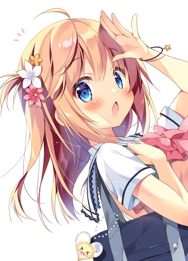 1girl ahoge arm_up bag bag_charm bangs blue_eyes blush bow brown_flower brown_hair charm_(object) chestnut_mouth commentary dutch_angle eyebrows_visible_through_hair flower hair_between_eyes hair_flower hair_ornament heart long_hair looking_at_viewer looking_to_the_side notice_lines open_mouth original pan_(mimi) pink_bow pink_flower sailor_collar school_bag school_uniform serafuku shirt short_sleeves simple_background solo sweater_vest symbol_commentary ten-chan_(pan_(mimi)) upper_body white_background white_flower white_sailor_collar white_shirt