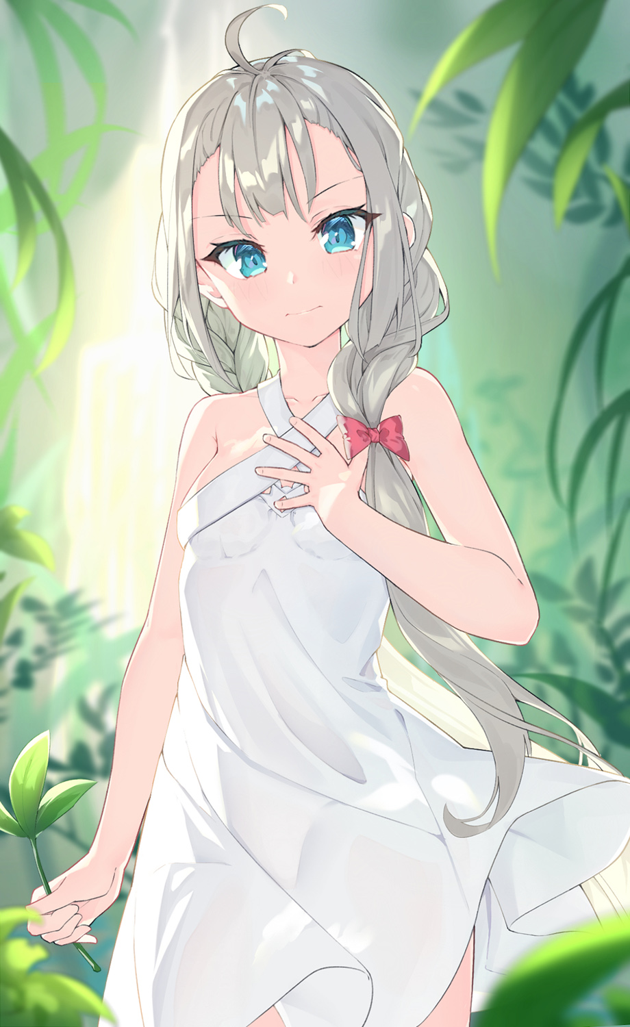 1girl ahoge bangs bare_arms bare_shoulders blue_eyes blurry blurry_background blush bow braid collarbone depth_of_field dress eyebrows_visible_through_hair grey_hair hair_bow hand_on_own_chest hand_up head_tilt highres holding long_hair looking_at_viewer low_twintails mishuo_(misuo69421) original red_bow sleeveless sleeveless_dress solo twin_braids twintails v-shaped_eyebrows very_long_hair white_dress