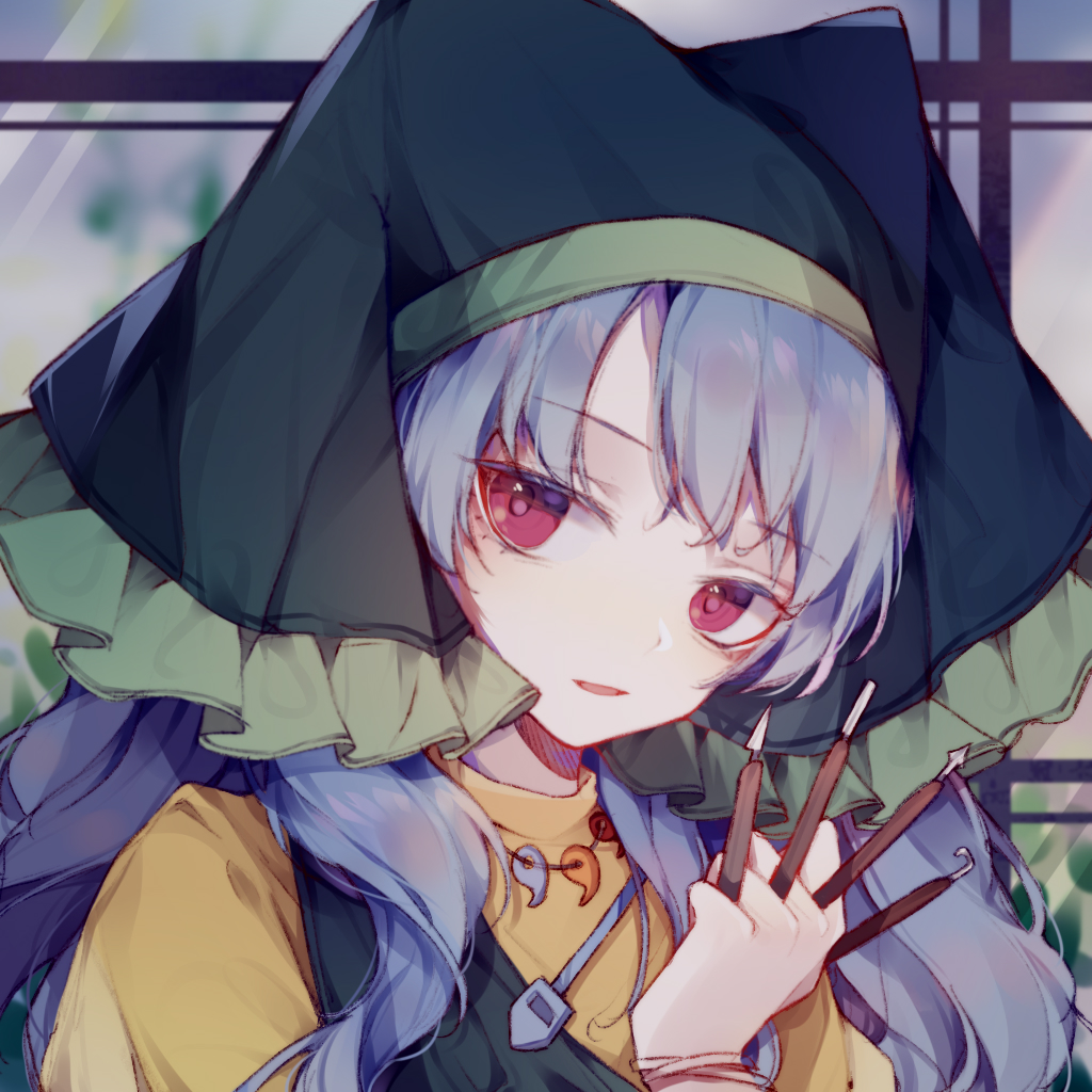 1girl bangs blue_hair bracelet eyebrows_visible_through_hair frilled_hat frills green_headwear haniyasushin_keiki hat holding jewelry long_hair looking_at_viewer magatama_necklace parted_lips puffy_sleeves red_eyes shirt solo toriki touhou upper_body window wood_carving_tool yellow_shirt