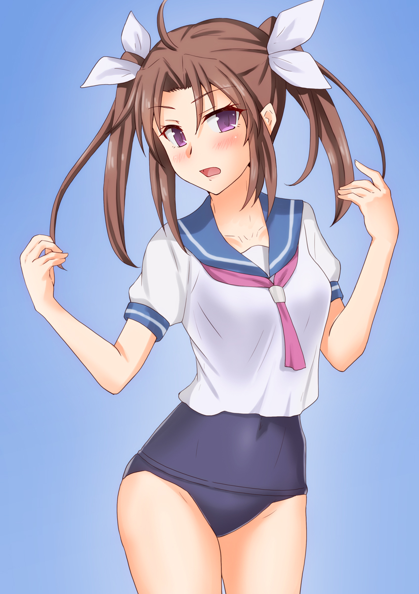 1girl ahoge anti_(untea9) blue_sailor_collar blue_swimsuit brown_hair commentary_request cowboy_shot hair_ribbon highres kagerou_(kantai_collection) kantai_collection long_hair neckerchief no_pants pink_neckwear remodel_(kantai_collection) ribbon sailor_collar school_swimsuit school_uniform serafuku shirt short_sleeves solo swimsuit twintails violet_eyes white_ribbon white_shirt