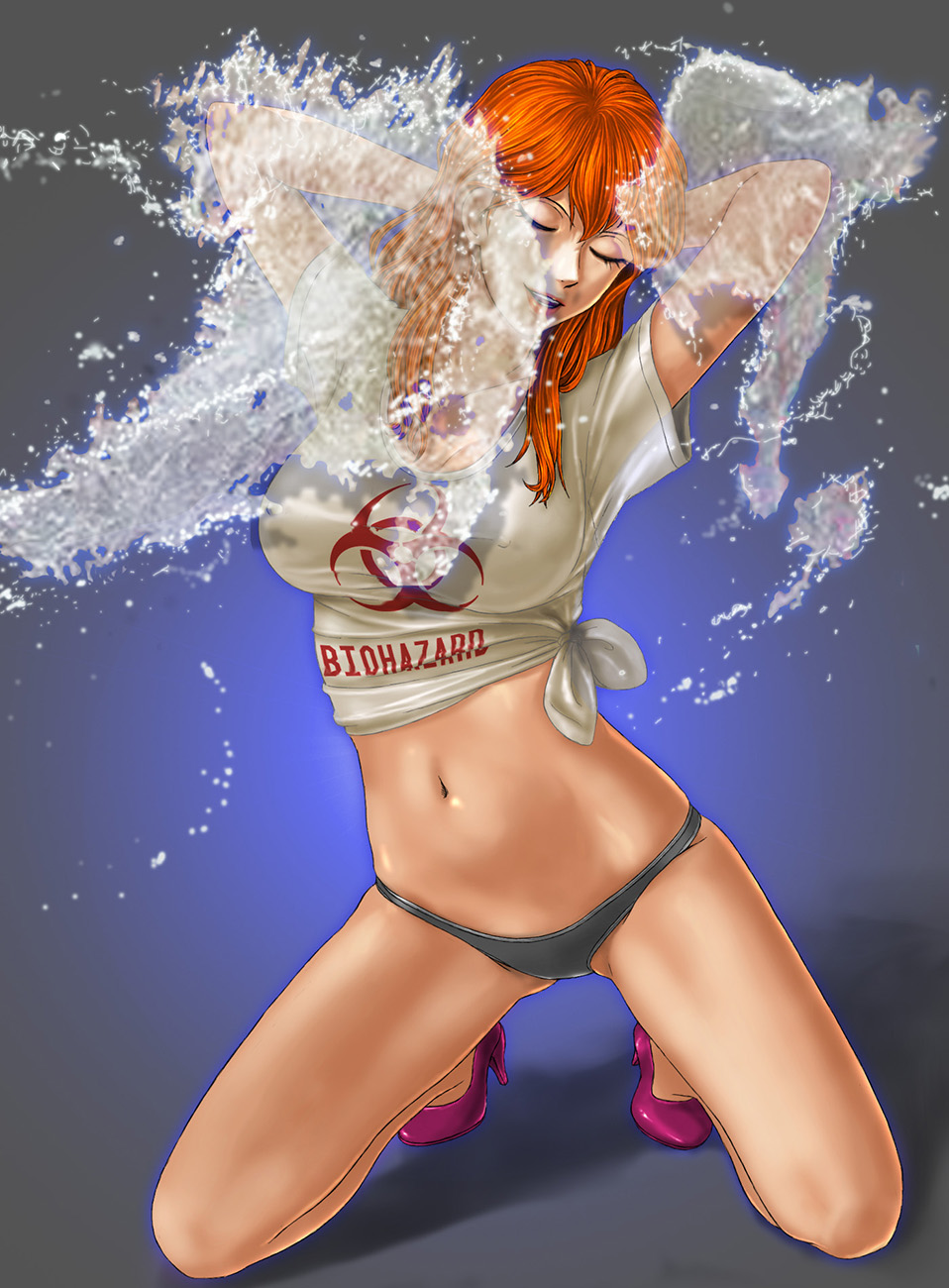 1girl black_panties breasts closed_eyes collarbone high_heels highres large_breasts long_hair lupin_iii mine_fujiko navel orange_hair panties print_shirt purple_footwear shirt short_sleeves solo splashing t-shirt toten_(der_fuhrer) underwear water white_shirt