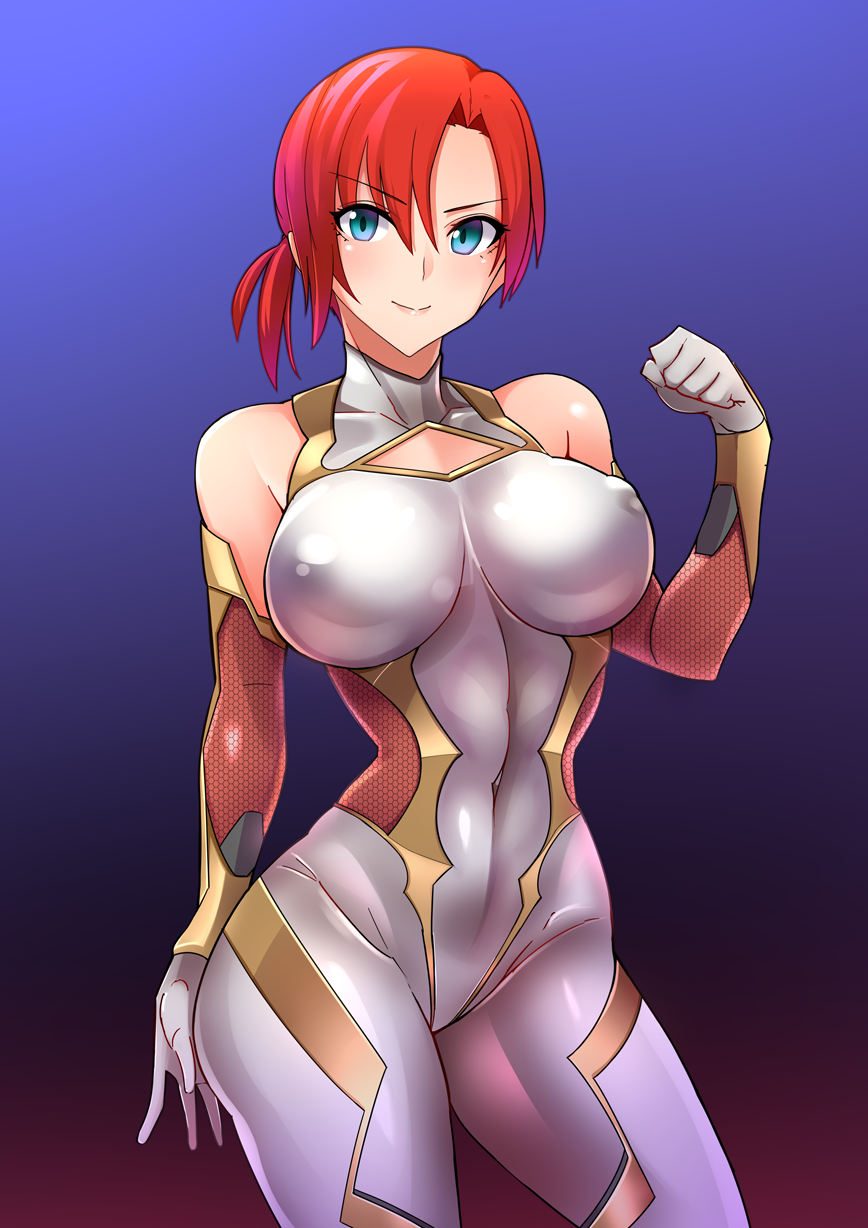 &gt;:) 1girl alternate_costume asymmetrical_bangs bangs blue_eyes blush boudica_(fate/grand_order) breasts clenched_hand closed_mouth covered_navel covered_nipples cowboy_shot fate/grand_order fate_(series) gloves gradient gradient_background grey_leotard highres impossible_clothes impossible_leotard large_breasts leotard multicolored multicolored_background red_gloves redhead short_hair short_ponytail skin_tight smile solo webslinger