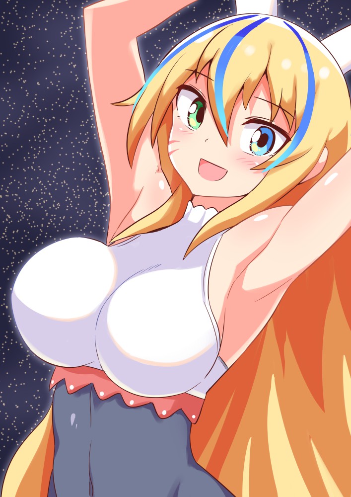 1girl blaster_master_zero_2 blonde_hair blue_eyes blush breasts commentary cougar1404 hair_ornament heterochromia large_breasts long_hair looking_at_viewer open_mouth smile solo space