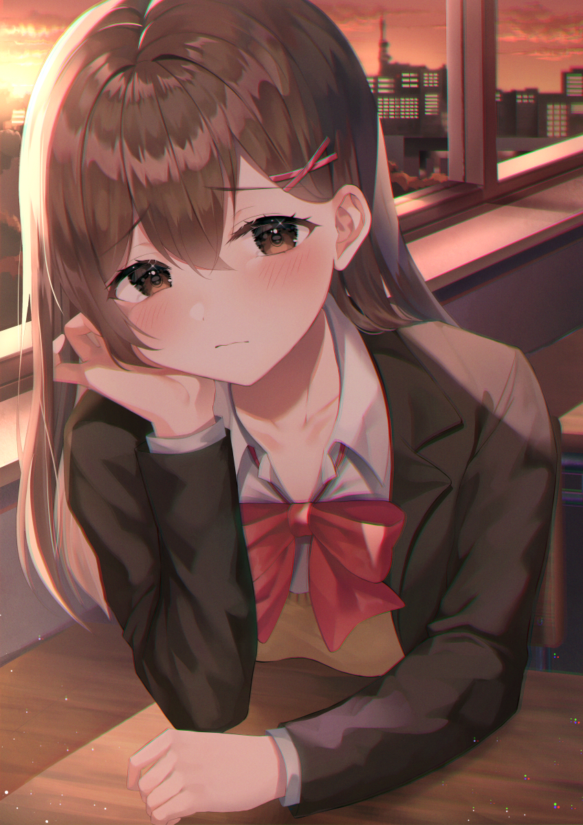 1girl blush bow breasts brown_hair classroom collarbone commentary_request copyright_request day eyebrows_visible_through_hair frown hair_between_eyes hair_ornament highres hinaki_(hinaki_0102) indoors long_hair long_sleeves looking_at_viewer red_bow red_neckwear school school_uniform shirt solo sunset white_shirt x_hair_ornament