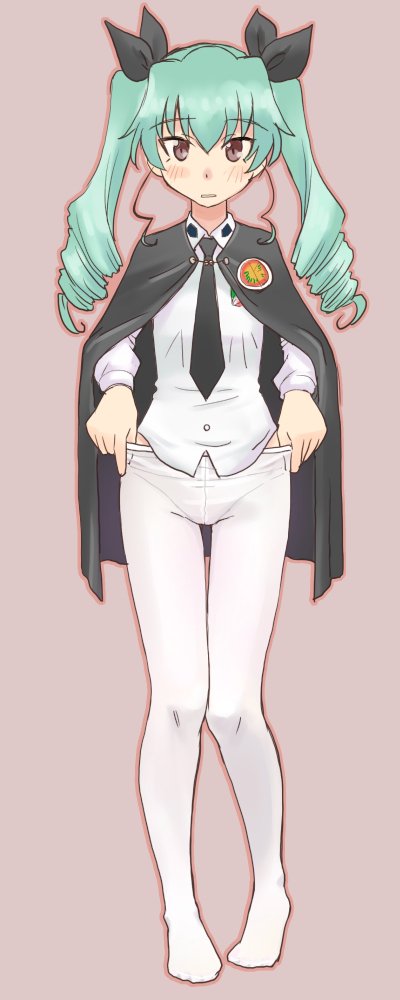 1girl adjusting_clothes adjusting_legwear anchovy_(girls_und_panzer) anzio_(emblem) anzio_school_uniform bangs black_cape black_neckwear black_ribbon blush cape commentary dress_shirt drill_hair emblem eyebrows_visible_through_hair full_body girls_und_panzer green_hair grey_background hair_ribbon long_hair long_sleeves looking_at_viewer necktie no_shoes panties panties_under_pantyhose pantyhose parted_lips red_eyes ribbon school_uniform shirt simple_background solo standing thigh_gap twin_drills twintails underwear uona_telepin white_legwear white_shirt