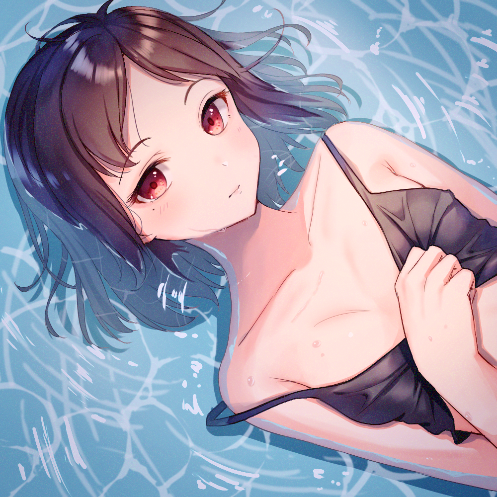 1girl bangs bare_shoulders black_camisole blush brown_hair camisole camisole_lift closed_mouth commentary_request dutch_angle eyebrows_visible_through_hair from_above hand_up looking_at_viewer lying mole mole_under_eye on_back original red_eyes solo strap_slip tsukiman water wet