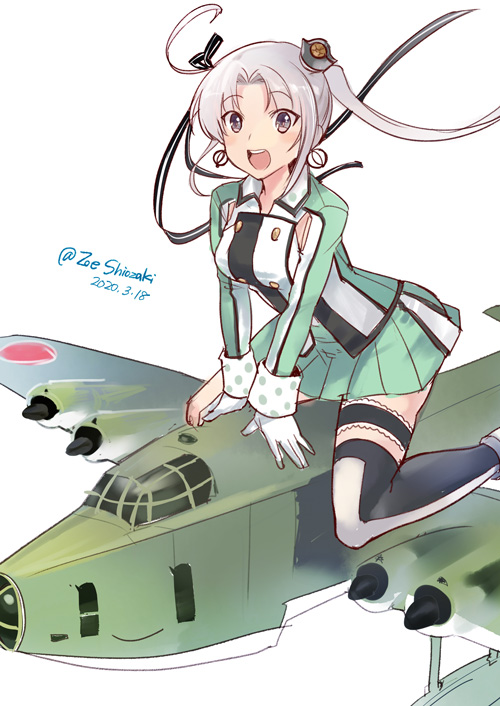 1girl ahoge aircraft airplane akitsushima_(kantai_collection) armpit_cutout bangs black_legwear blush breasts dated earrings eyebrows_visible_through_hair flying_boat gloves hair_ribbon hat jacket jewelry kantai_collection leg_garter long_hair long_sleeves mini_hat nishikitaitei-chan open_mouth pleated_skirt ponytail ribbon shiozaki_zoe side_ponytail sidelocks simple_background sitting skirt solo thigh-highs twitter_username white_background white_gloves