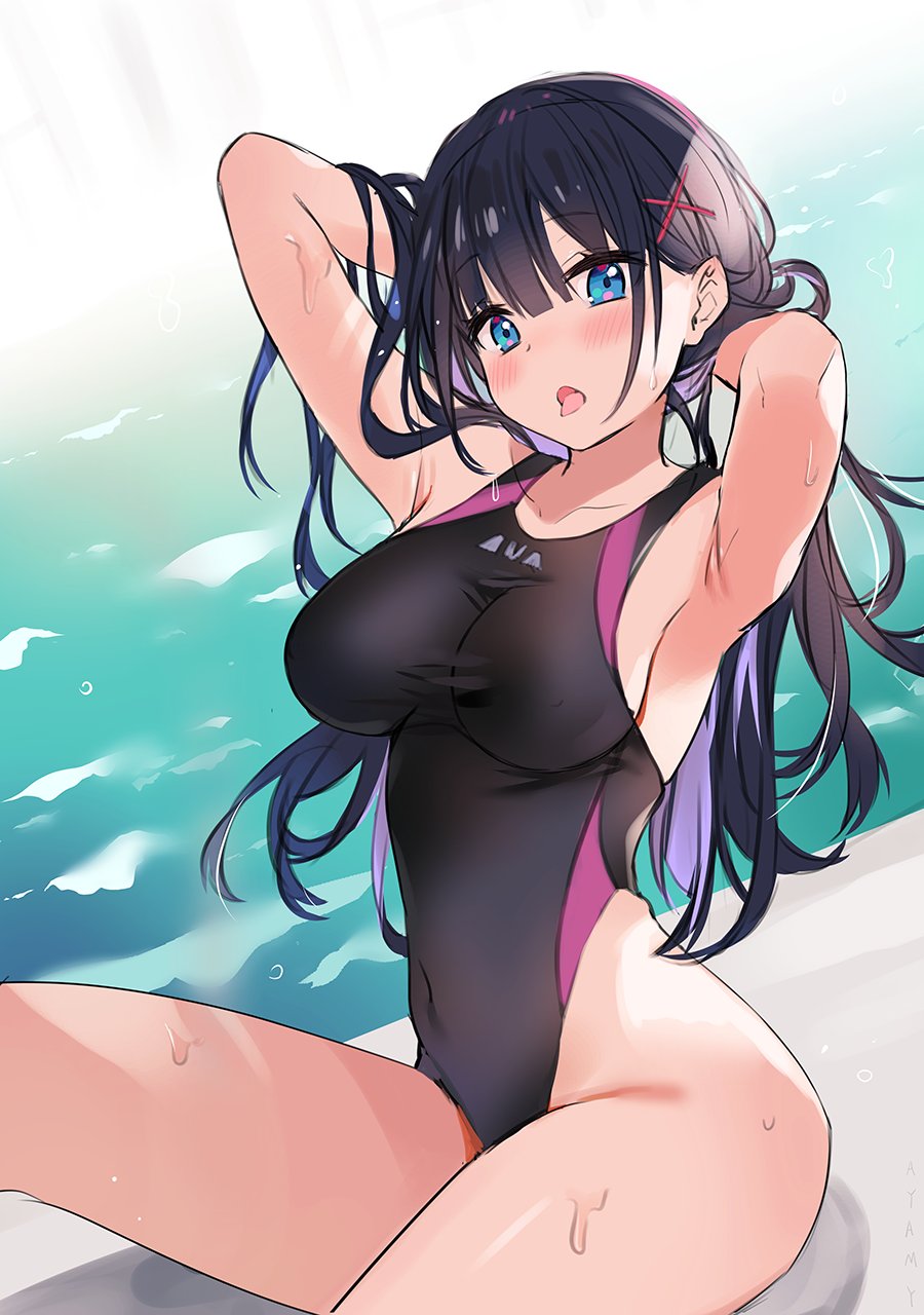 1girl :o armpits arms_behind_head arms_up ayamy bare_arms bare_shoulders black_hair black_swimsuit blue_eyes breasts commentary_request competition_swimsuit covered_navel hair_ornament highleg highleg_swimsuit highres large_breasts long_hair looking_at_viewer miyawaki_sana multicolored_hair one-piece_swimsuit open_mouth original poolside sitting solo swimsuit thighs tongue tongue_out two-tone_hair water wet work_in_progress x_hair_ornament