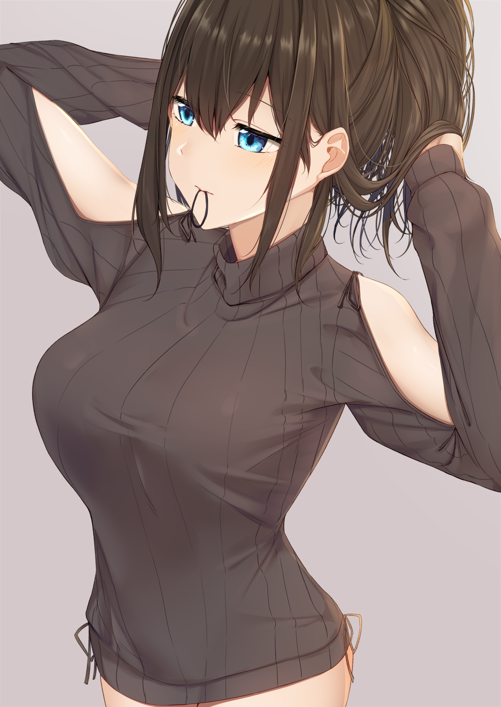 1girl adjusting_hair arms_behind_head arms_up bare_legs black_hair blue_eyes blush breasts eyebrows_visible_through_hair fuurin_restia grey_background grey_shirt hair_between_eyes hair_tie hair_tie_in_mouth hand_in_hair highres idolmaster idolmaster_cinderella_girls large_breasts long_sleeves mouth_hold no_pants ribbed_shirt sagisawa_fumika shirt sidelocks simple_background solo thighs turtleneck