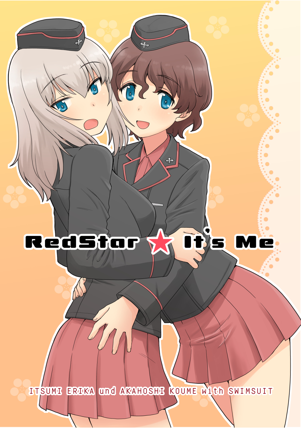 2girls akaboshi_koume bangs black_headwear black_jacket blue_eyes brown_hair character_name closed_mouth commentary_request cover cover_page doily doujin_cover dress_shirt english_text eyebrows_visible_through_hair from_side garrison_cap girls_und_panzer hat highres hug insignia itsumi_erika jacket kuromorimine_military_uniform long_sleeves looking_at_viewer looking_back medium_hair military military_hat military_uniform miniskirt multiple_girls open_mouth orange_background outline pleated_skirt red_shirt red_skirt shirt short_hair silver_hair skirt smile standing uniform uona_telepin wavy_hair white_outline wing_collar yuri