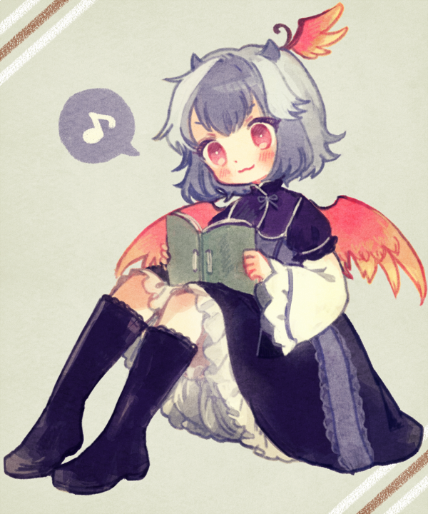 1girl black_dress black_footwear bloomers blue_hair blush book boots dress eighth_note full_body grey_hair head_wings holding holding_book horns knees_up long_sleeves multicolored_hair musical_note panties pantyshot pantyshot_(sitting) reading red_eyes single_head_wing sitting solo spoken_musical_note tokiko_(touhou) touhou two-tone_hair underwear wide_sleeves wings yujup