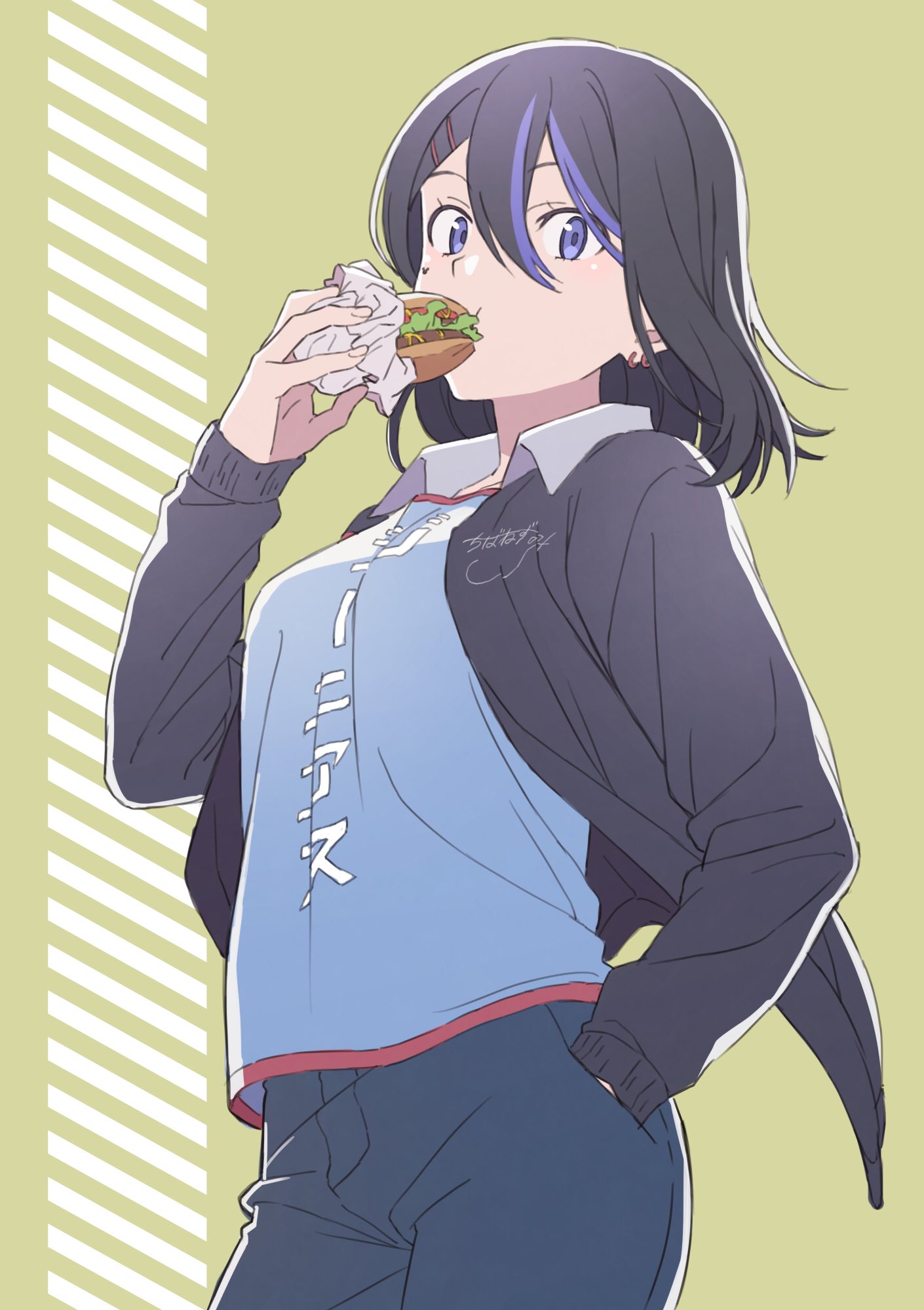 1girl black_hair black_jacket blue_eyes blue_hair blue_shirt breasts character_request collarbone copyright_request denim ear_piercing earrings eating eyebrows_visible_through_hair food hamburger hand_in_pocket highlights highres holding holding_food jacket jeans jewelry long_sleeves looking_at_viewer medium_breasts medium_hair multicolored_hair pants piercing shirt solo tsu3_v