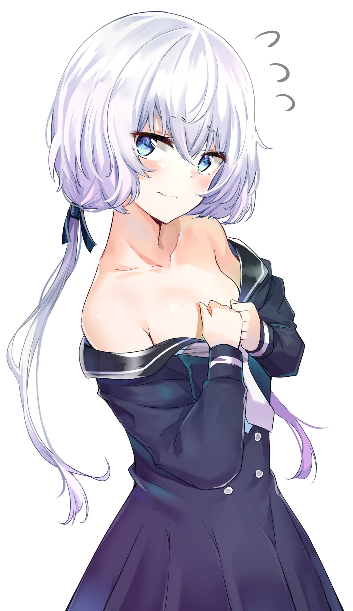 1girl bare_shoulders black_dress blue_eyes blush breasts double-breasted dress dress_pull from_side hair_between_eyes hair_ribbon hands_on_own_chest highres konno_junko looking_at_viewer ribbon sidelocks silver_hair simple_background small_breasts solo sunhyun twintails white_background white_hair zombie_land_saga