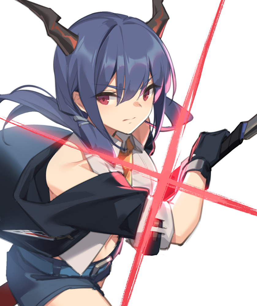 1girl arknights bangs bare_shoulders belt belt_buckle black_gloves black_jacket blue_belt blue_hair blue_shorts brown_neckwear buckle ch'en_(arknights) closed_mouth collared_shirt commentary_request eyebrows_visible_through_hair gloves hair_between_eyes holding holding_sword holding_weapon horns jacket long_hair looking_at_viewer navel necktie off_shoulder open_clothes open_jacket red_eyes shirt short_shorts short_sleeves shorts simple_background sleeveless sleeveless_shirt solo sword v-shaped_eyebrows weapon white_background white_shirt yura_(botyurara)