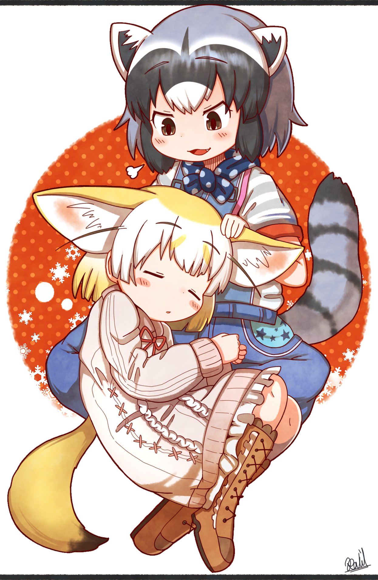 2girls =3 alternate_costume animal_ears beige_dress blonde_hair blue_hair blue_neckwear blush boots bow bowtie brown_footwear closed_eyes commentary_request common_raccoon_(kemono_friends) cross-laced_footwear curled_up denim dress extra_ears eyebrows_visible_through_hair fang fennec_(kemono_friends) fox_ears fox_girl fox_tail frilled_dress frills grey_hair hand_on_another's_head highres jeans kemono_friends kemono_friends_3 long_sleeves multiple_girls neckerchief open_mouth pants raccoon_ears raccoon_girl raccoon_tail rakugakiraid red_neckwear short_hair short_sleeves sitting sleeping spots striped tail white_dress white_hair