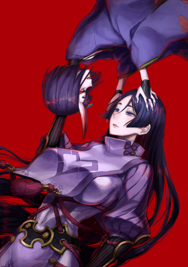2girls bangs black_gloves bob_cut bodysuit breasts chichizuki_(manman-ya) elbow_gloves eyeliner fangs fate/grand_order fate_(series) gloves headpiece horns japanese_clothes kimono large_breasts long_hair long_sleeves looking_at_another makeup minamoto_no_raikou_(fate/grand_order) multiple_girls oni oni_horns open_mouth parted_bangs parted_lips purple_bodysuit purple_hair purple_kimono red_background ribbed_sleeves rope short_eyebrows short_hair shuten_douji_(fate/grand_order) simple_background skin-covered_horns small_breasts smile tabard tassel upside-down very_long_hair violet_eyes wide_sleeves