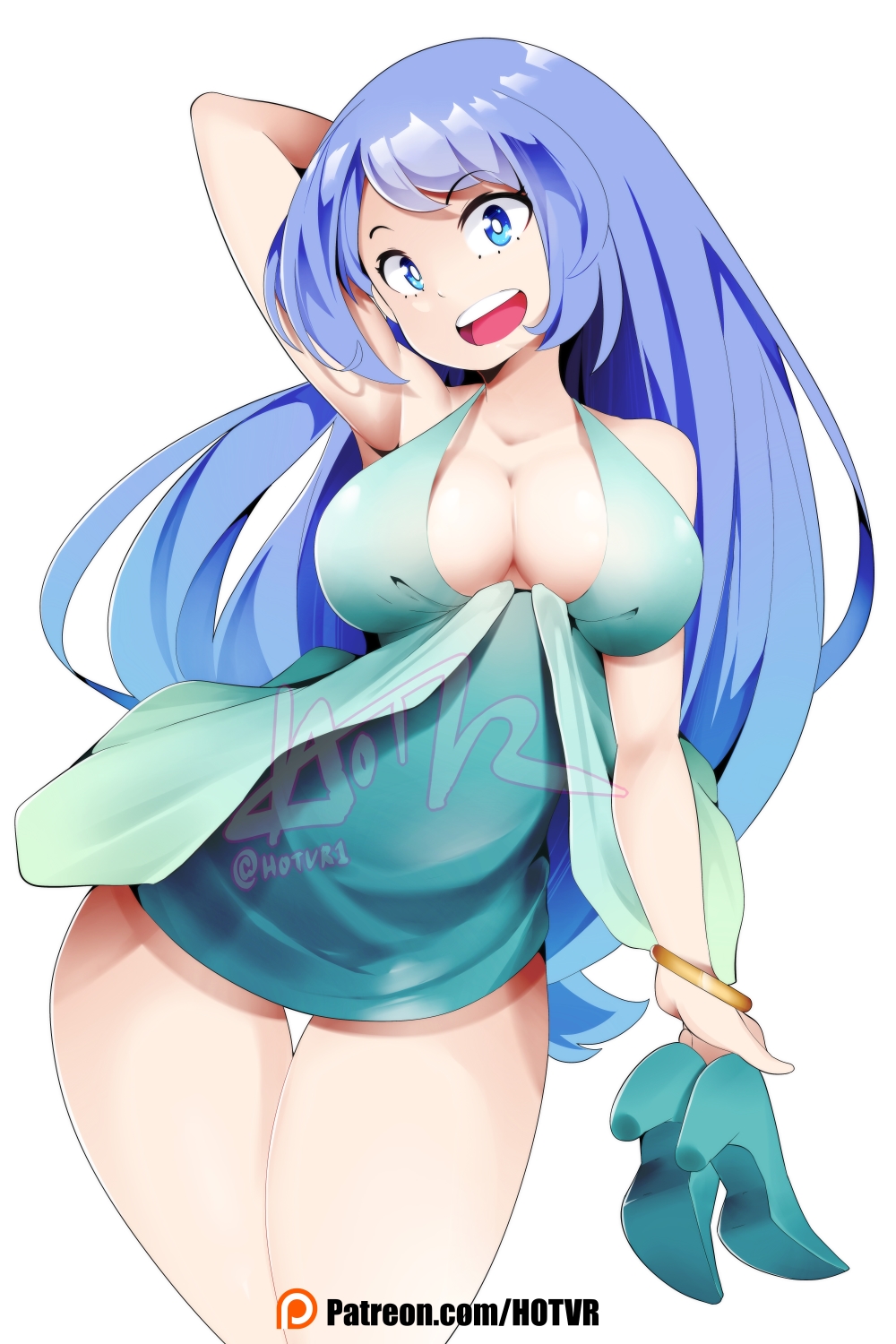 1girl aqua_dress artist_name blue_eyes blue_hair boku_no_hero_academia bracelet breasts dress eyebrows_visible_through_hair hadou_nejire highres hot_vr jewelry large_breasts long_hair looking_at_viewer open_mouth patreon_username shiny shiny_clothes shiny_hair simple_background solo white_background