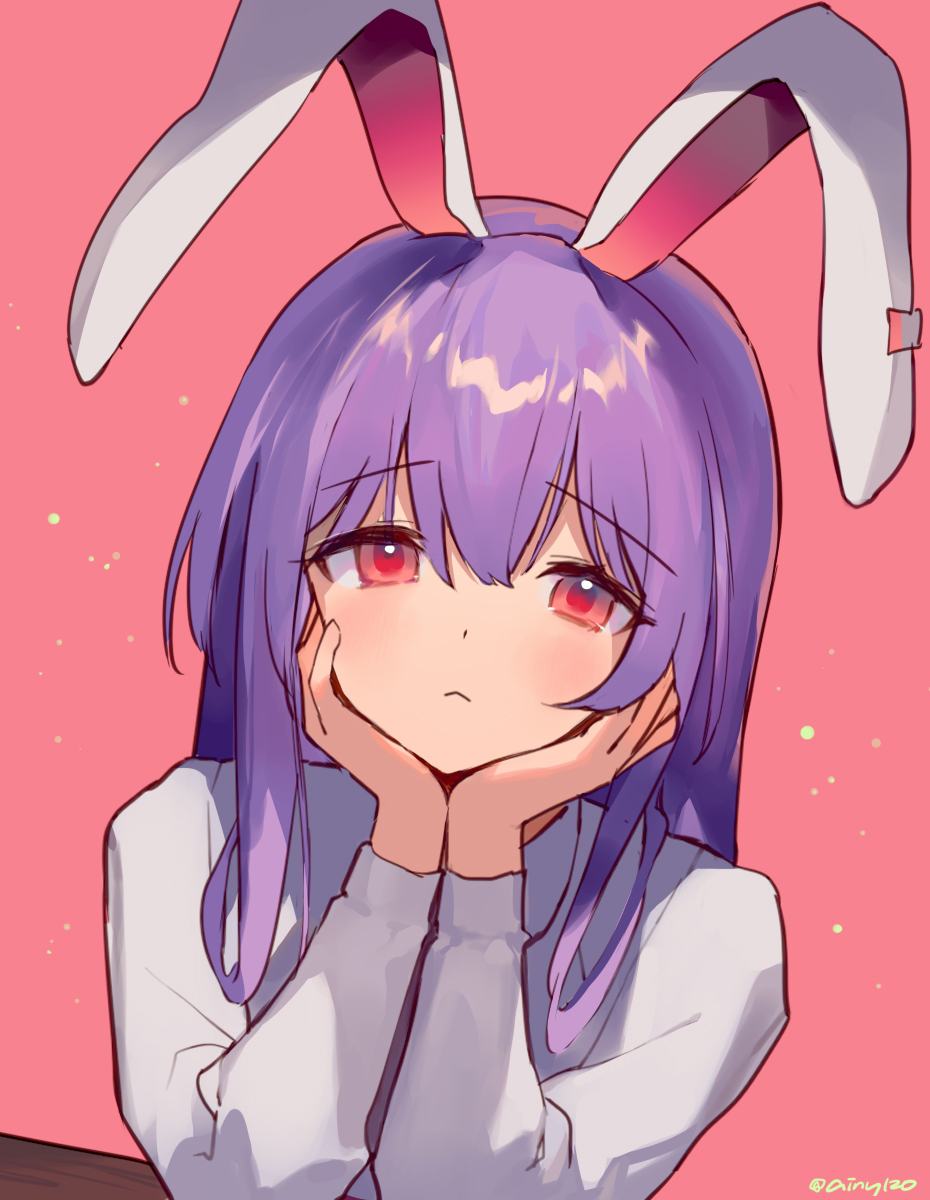 1girl :&lt; ainy77 animal_ears bangs blush bunny_girl closed_mouth commentary_request eyebrows_visible_through_hair hands_on_own_knees highres long_hair long_sleeves looking_at_viewer pink_background purple_hair rabbit_ears red_eyes reisen_udongein_inaba shirt simple_background solo touhou twitter_username upper_body upper_teeth white_shirt