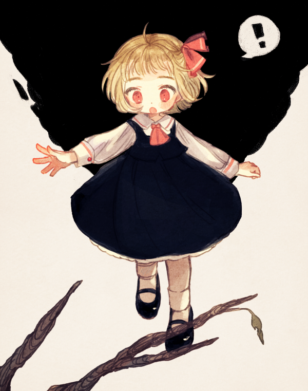 ! 1girl black_footwear black_skirt black_vest blonde_hair blush branch darkness full_body hair_ribbon long_sleeves mary_janes open_mouth outstretched_arms red_eyes red_neckwear red_ribbon ribbon rumia shirt shoes short_hair skirt socks solo spoken_exclamation_mark touhou vest white_background white_legwear white_shirt yujup