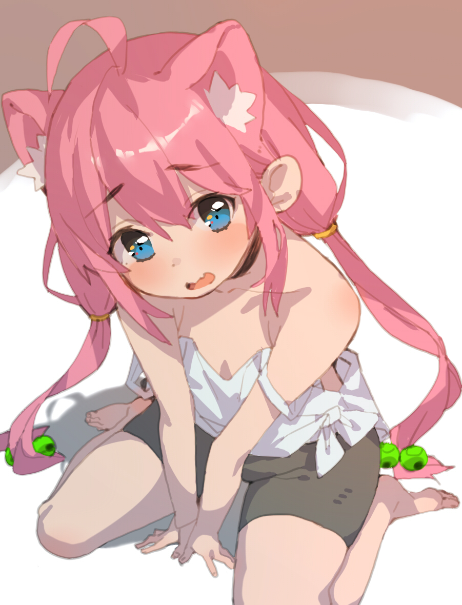 1girl ahoge animal_ear_fluff animal_ears bare_legs bare_shoulders barefoot batsuma between_legs bike_shorts black_shorts blue_eyes blush breasts brown_background cat_ears eyebrows_visible_through_hair fang from_above full_body hair_between_eyes hair_bobbles hair_ornament hand_between_legs hinata_channel long_hair looking_at_viewer looking_up nekomiya_hinata open_mouth pink_hair shadow short_shorts shorts simple_background sitting small_breasts solo strap_slip tank_top thighs twintails two-tone_background virtual_youtuber wariza white_background white_tank_top