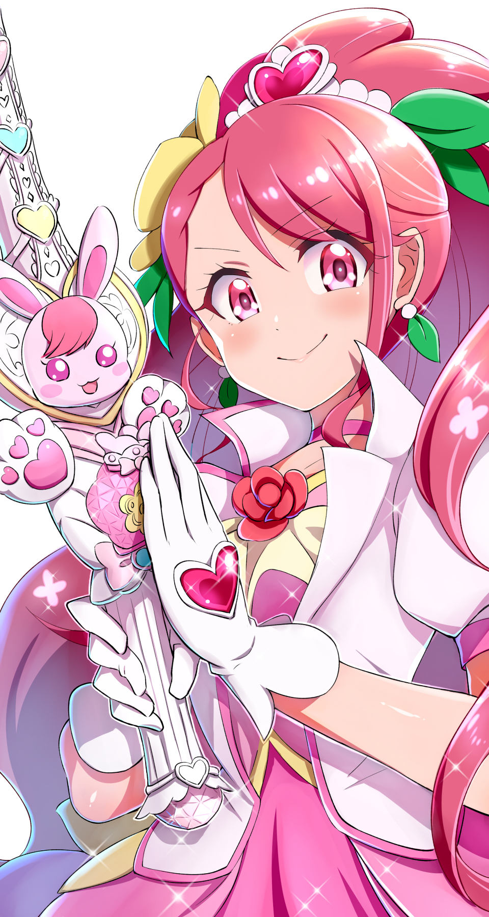 1girl choker closed_mouth commentary_request cure_grace earrings gloves green_earrings hanadera_nodoka healin'_good_precure heart highres jewelry konboi-eg long_hair looking_at_viewer magical_girl pink_choker pink_eyes pink_hair precure rabirin_(precure) simple_background smile tiara white_background white_gloves