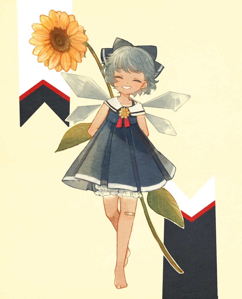 1girl arms_behind_back bandaid bandaid_on_knee barefoot blue_bow blue_dress blue_hair bow cirno closed_eyes detached_wings dress facing_viewer flower full_body grin hair_bow ice ice_wings short_hair sleeveless sleeveless_dress smile solo sunflower tan tanline tanned_cirno touhou wings yellow_background yujup